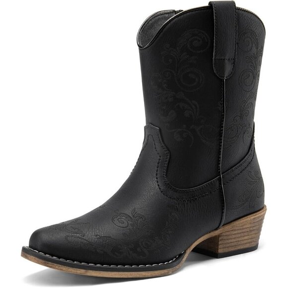 Shoes - Womens Black Western Cowboy Cowgirl Ankle Boots Low Chunky Heels Square Toe